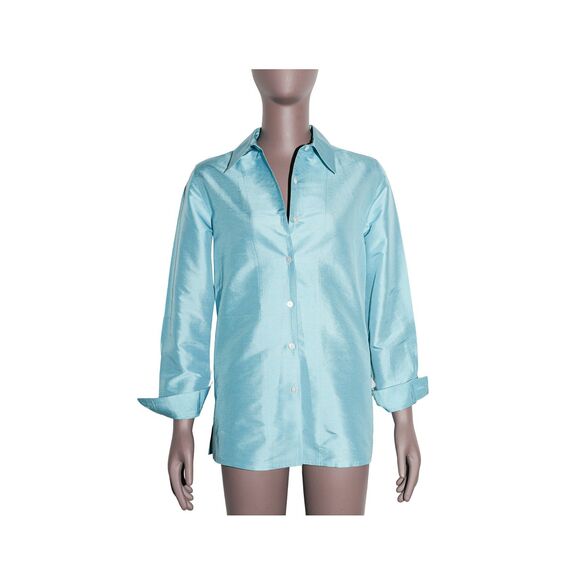 Vintage 100% Silk Blue Button Down Shirt Classic Minimalist Top Small - Picture 2 of 4